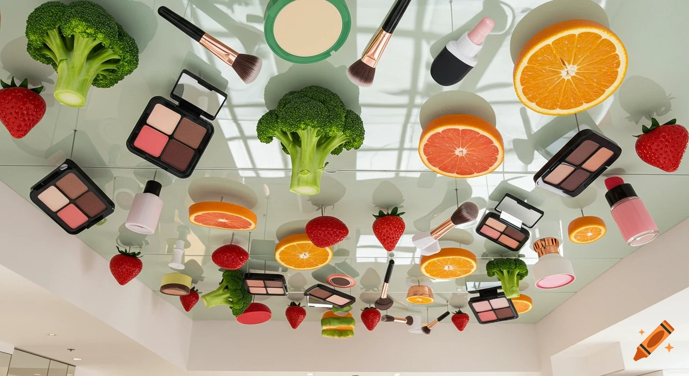 Vibrant still life of floating broccoli, strawberries, citrus slices, and makeup items arranged on a reflective surface.