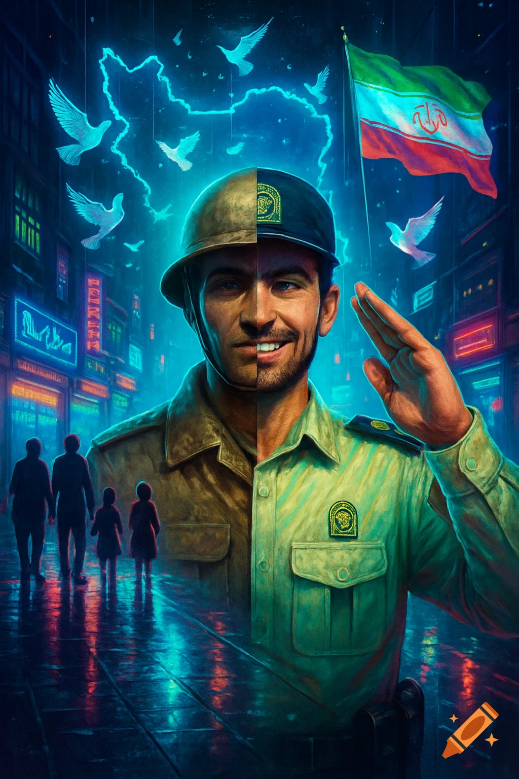Split portrait of a man, left half in traditional uniform and right half in modern police uniform, saluting. Background features a neon-lit city street with families, a glowing map of Iran, white doves, and the Iranian flag.