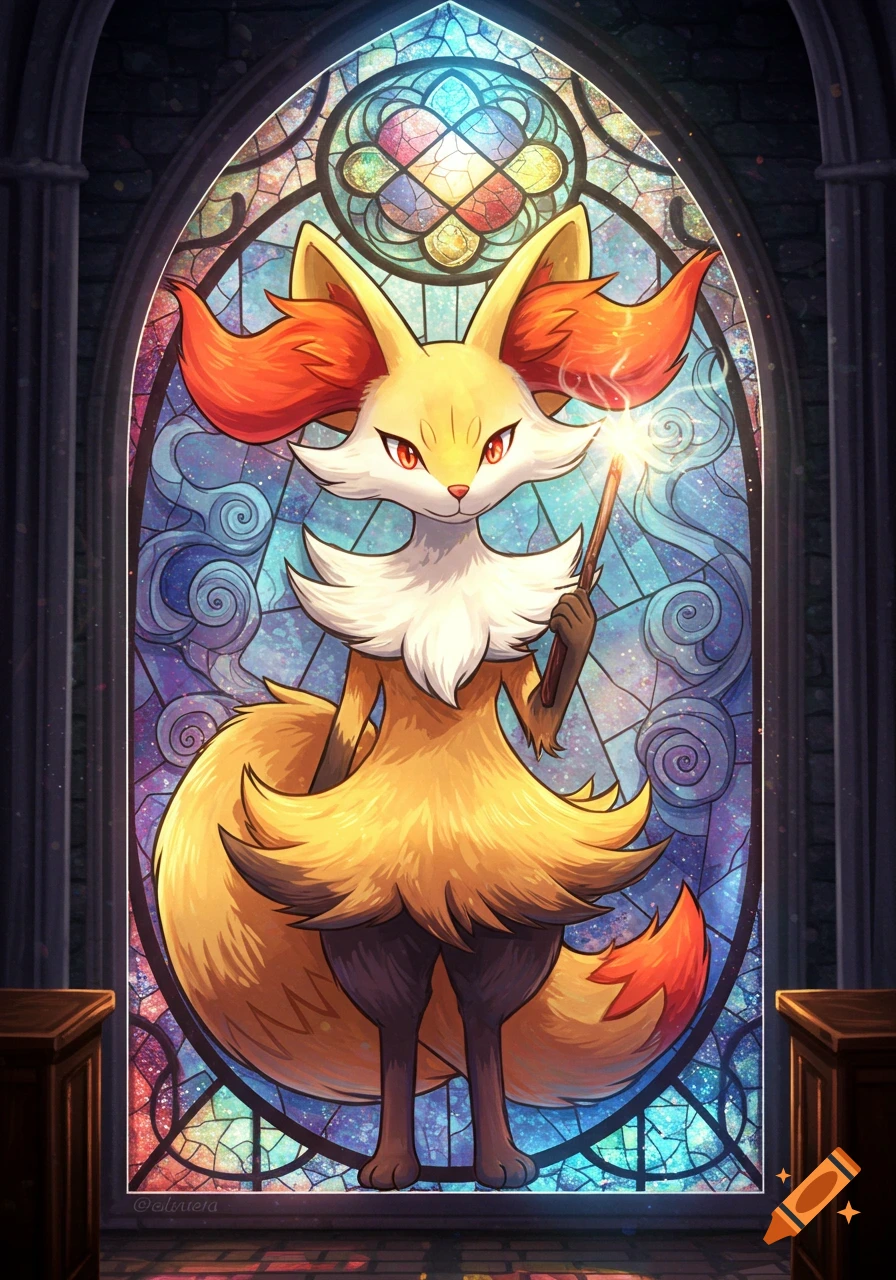A Braixen Pokémon stands in a gothic archway against a vibrant stained glass window, holding a glowing wand.
