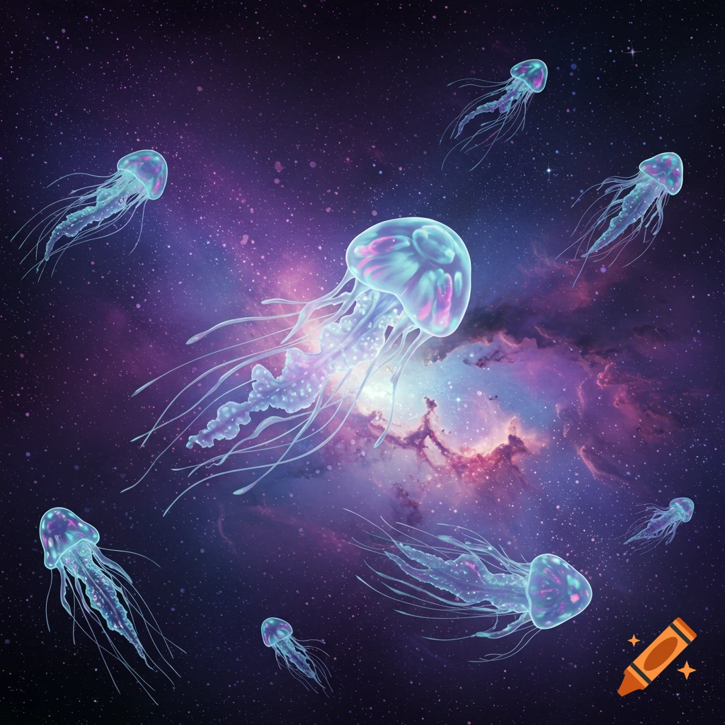 Glowing, ethereal jellyfish-like creatures float through a vibrant, star-filled cosmic nebula.