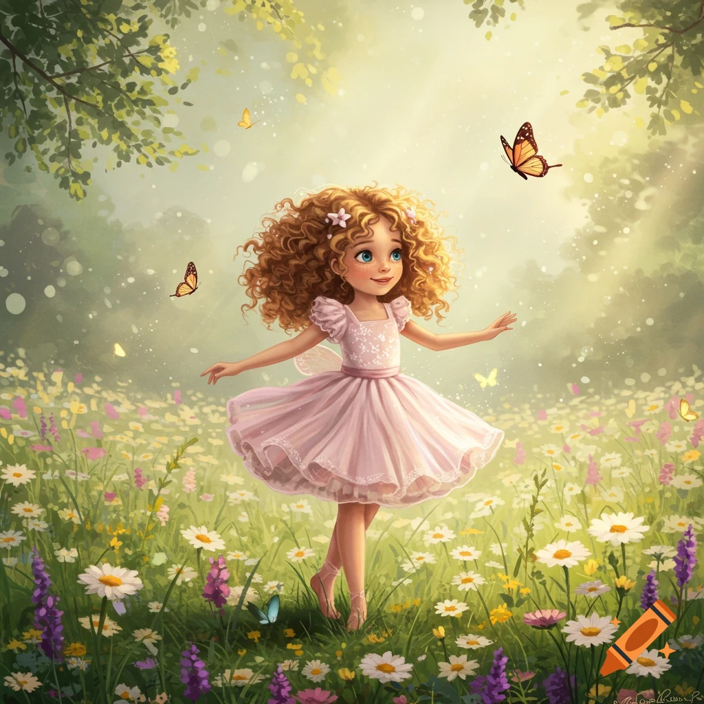 Whimsical illustration of a joyful fairy girl with curly hair and a pink dress dancing in a field of colorful wildflowers and butterflies.