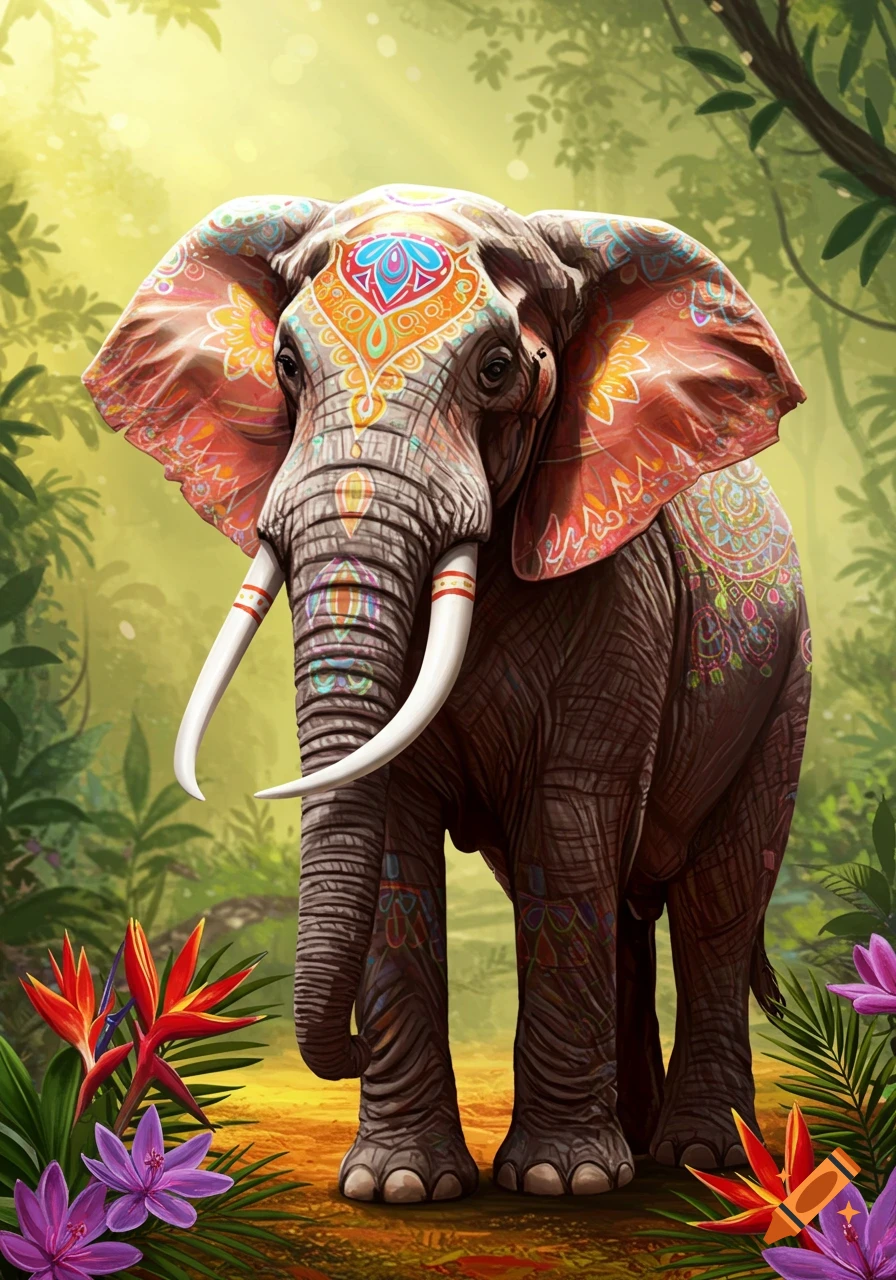 A majestic elephant adorned with vibrant, intricate patterns stands in a lush, sunlit jungle with tropical flowers.