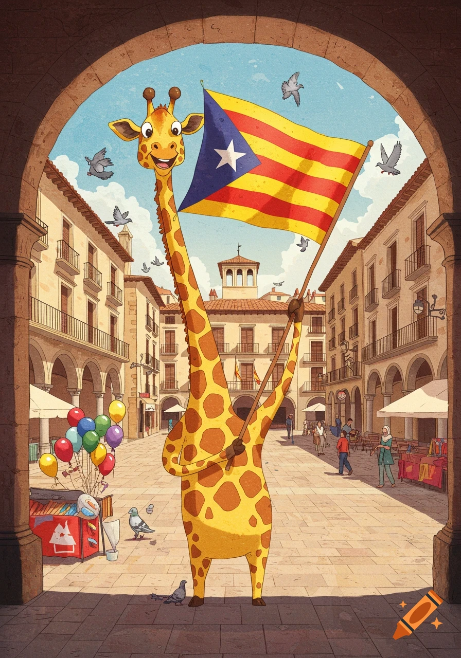 A happy cartoon giraffe waves a Catalan flag in a sunny European town square with buildings, people, and pigeons.