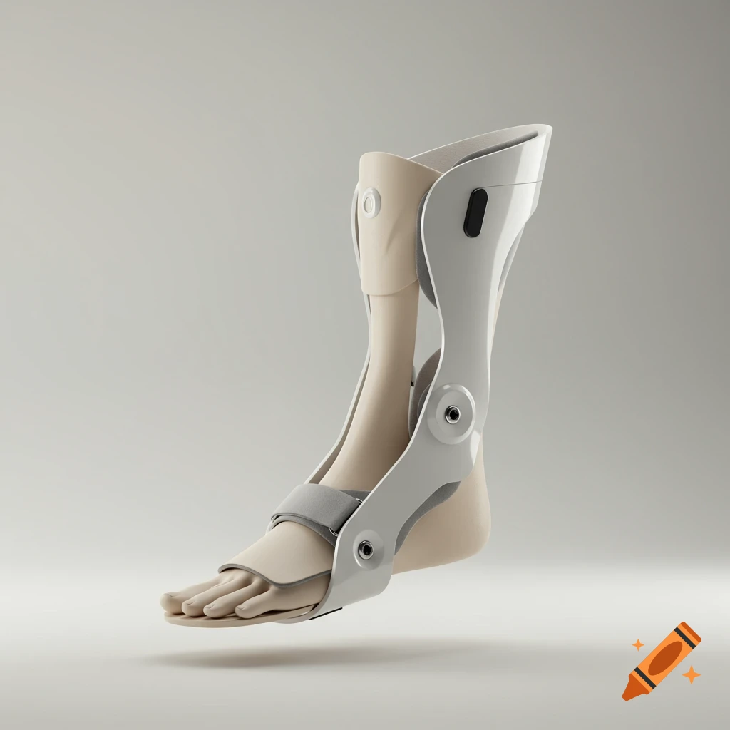A photorealistic white and beige medical ankle orthosis against a light gray background.