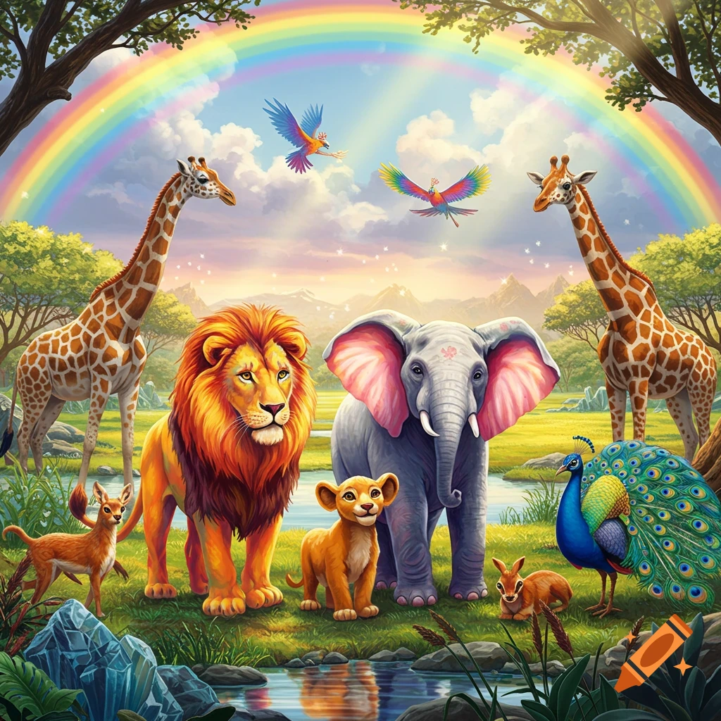 A colorful group of diverse animals including a lion, elephant, giraffes, peacock, and deer stand by a river under a vibrant rainbow in a whimsical landscape.