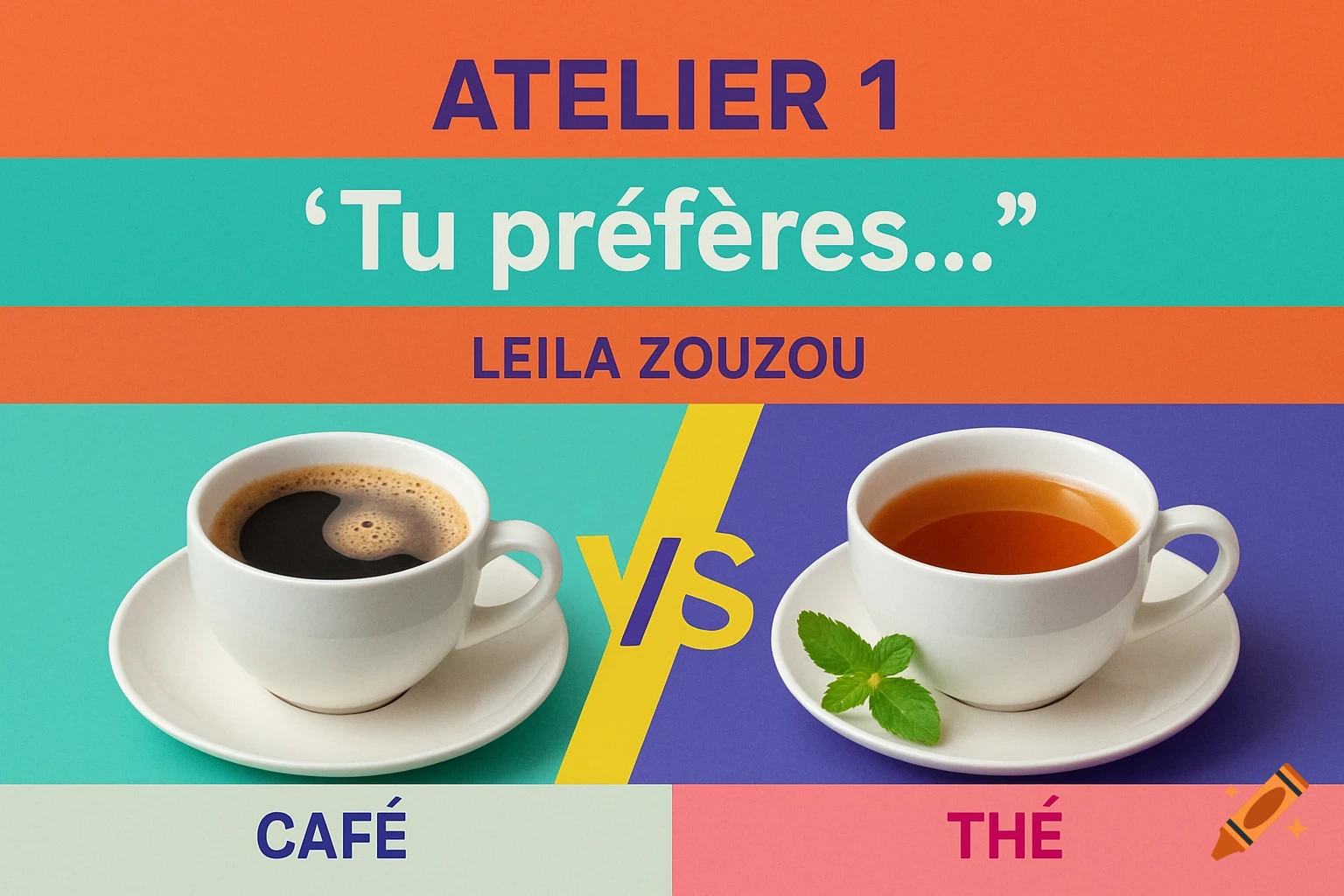 Colorful graphic with 'ATELIER 1 Tu préfères...' and 'LEILA ZOUZOU' text. A cup of coffee on the left, 'VS', and a cup of tea on the right.