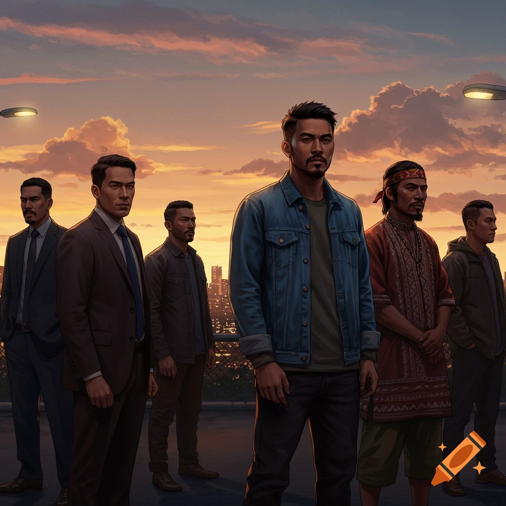 Group of diverse men standing with serious expressions against a city sunset backdrop.