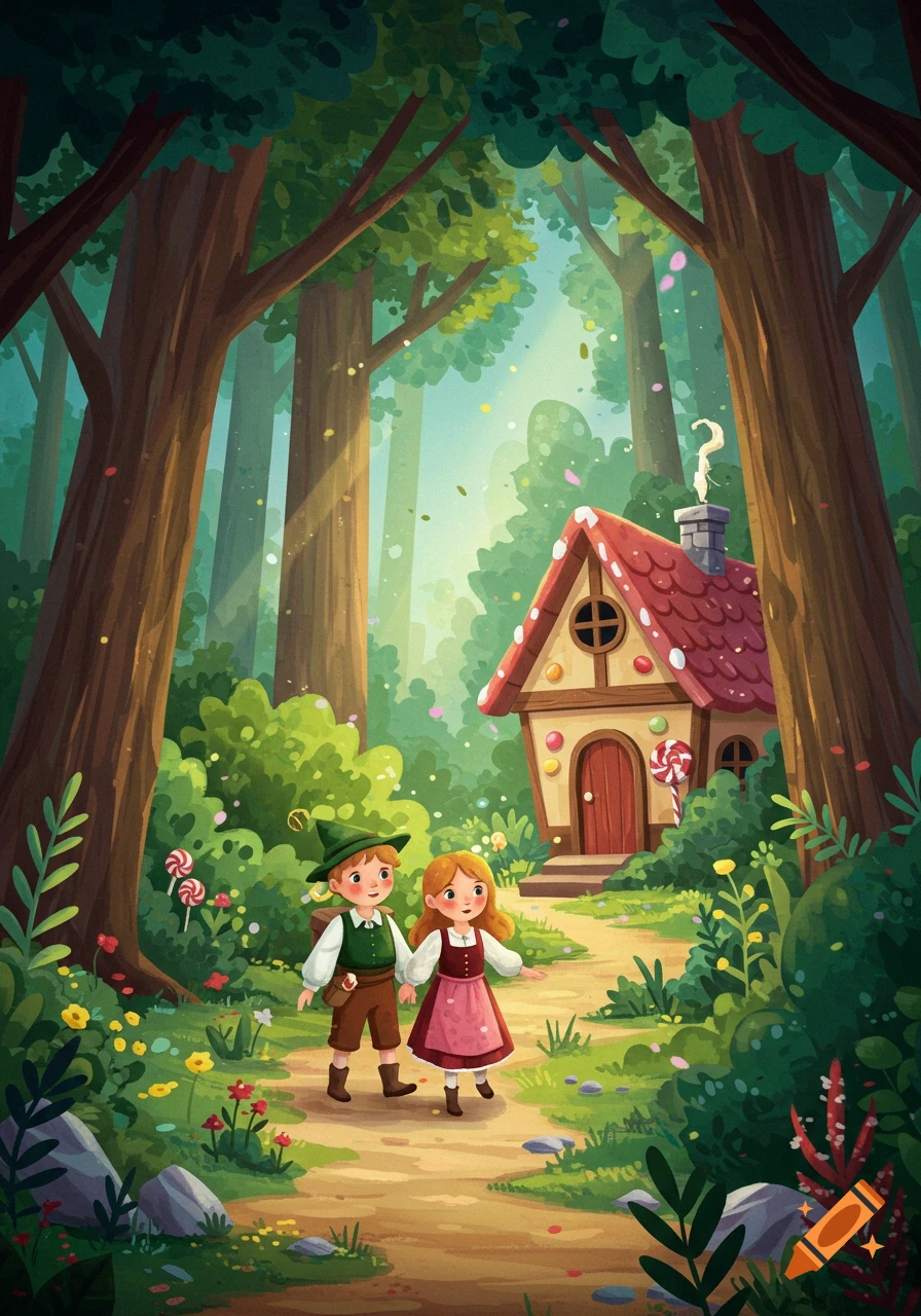 Two children walk through an enchanted forest on a path leading to a whimsical candy house, in a vibrant illustration.