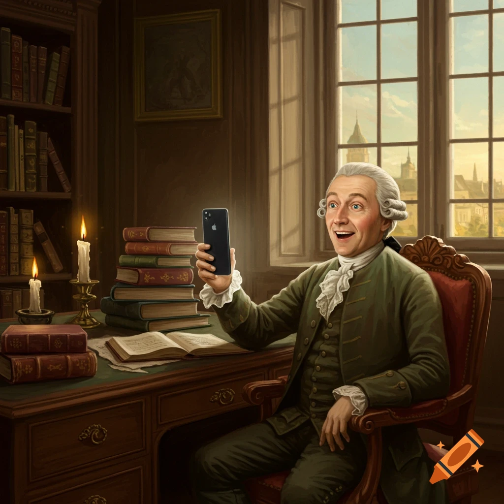 A painting of an enthusiastic Emanuel Kant in historical attire, holding a modern smartphone at a wooden desk in a study.
