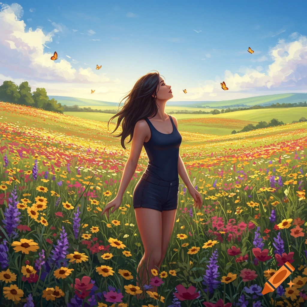A young woman stands in a vibrant field of colorful wildflowers under a blue sky with butterflies, looking up. Illustrated style.