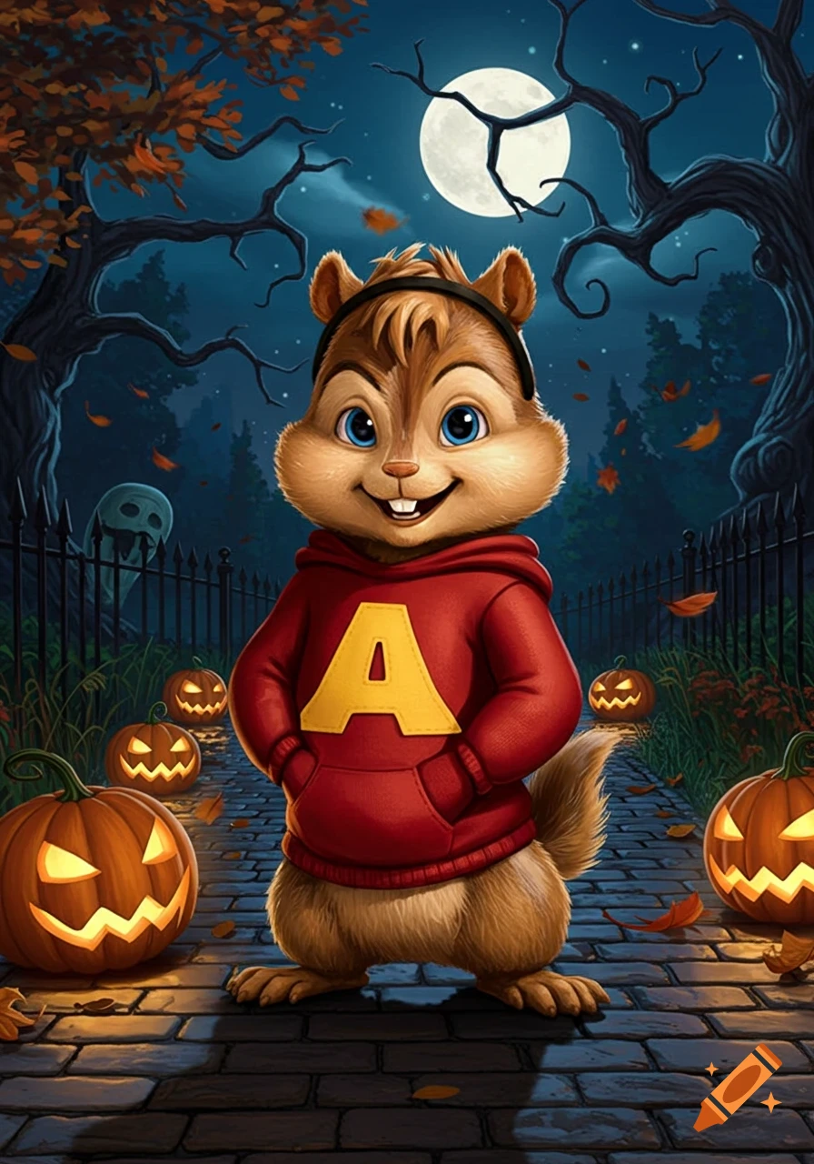 Alvin the Chipmunk in a red 'A' hoodie and headband smiles on a brick path surrounded by glowing jack-o'-lanterns under a full moon.