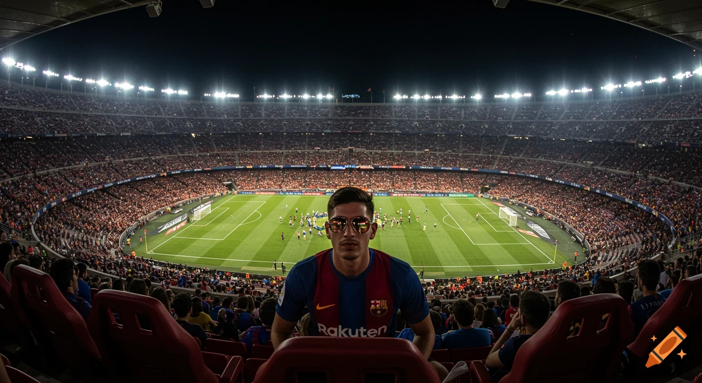 A man in a FC Barcelona jersey and sunglasses looks at the camera from the stands of a crowded, brightly lit football stadium at night.