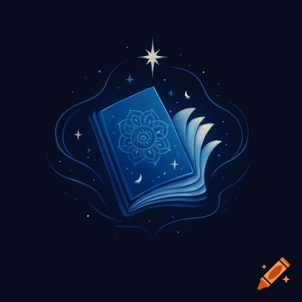 Stylized blue book with a mandala pattern on its cover, surrounded by stars and crescent moons on a dark background.