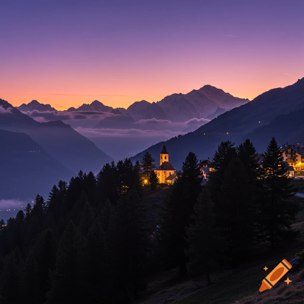 An illuminated church and village nestled among dark pine trees in a mountain valley at twilight, with a purple and orange sky and misty peaks.