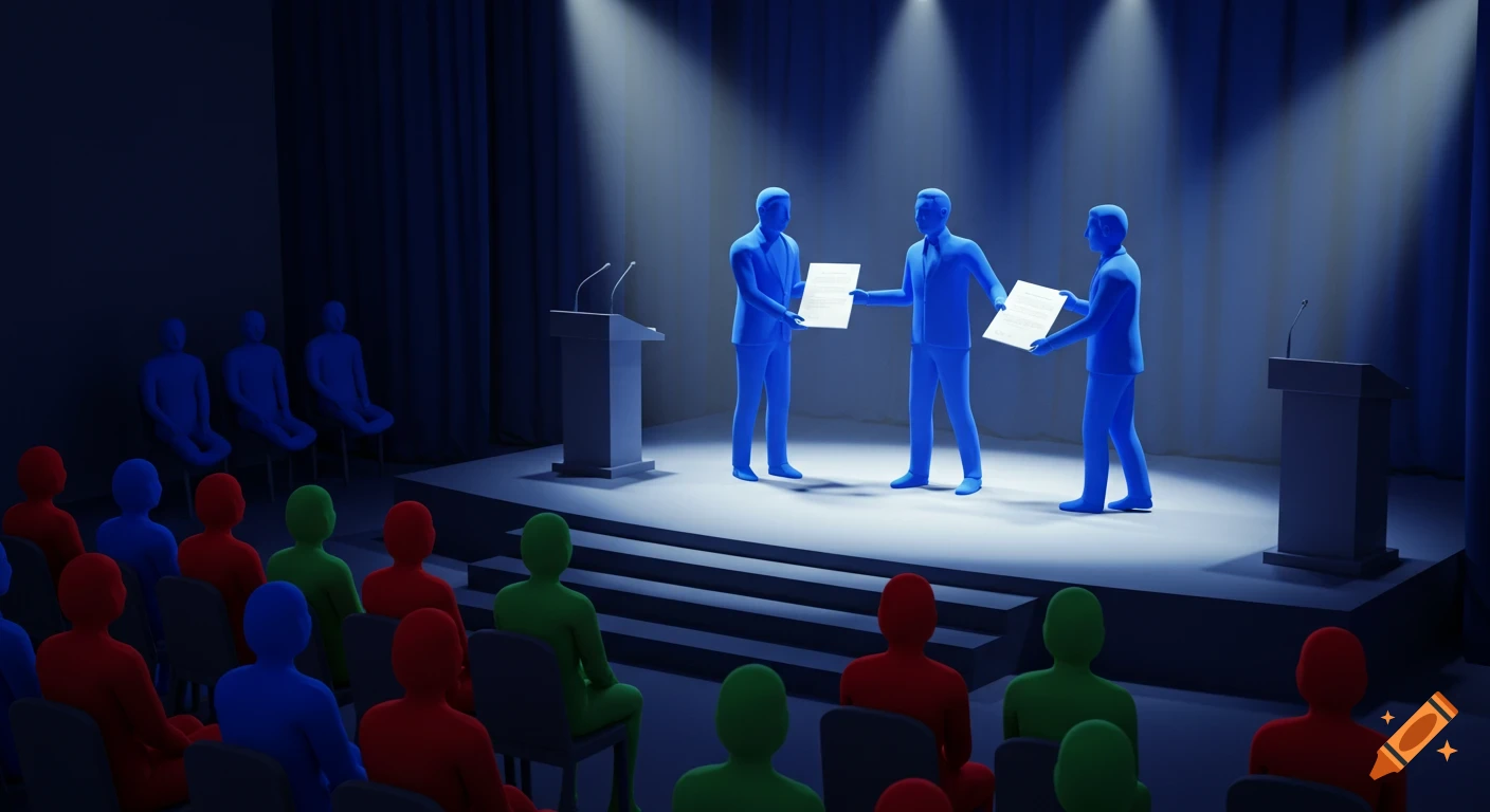 Blue 3D figures on a stage conducting a contract handover, with red, blue, and green figures in the audience.