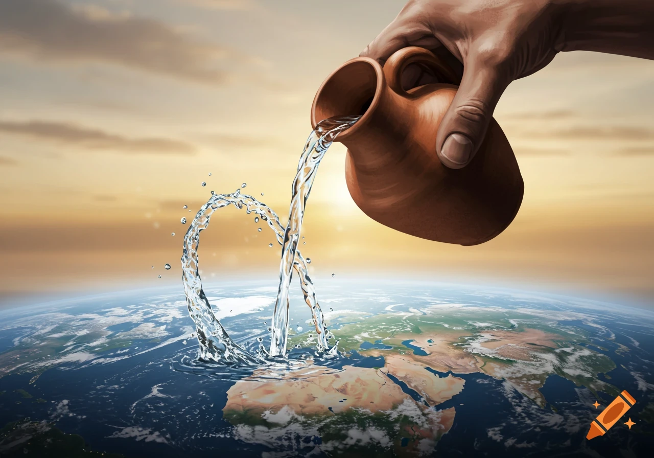 A large hand pours water from a clay pitcher onto a globe, with water splashing on the continents against a warm sky.
