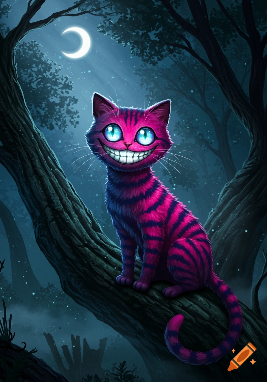 A pink and purple striped Cheshire Cat with wide blue eyes grins from a tree branch in a dark forest at night under a crescent moon. Stylized illustration.