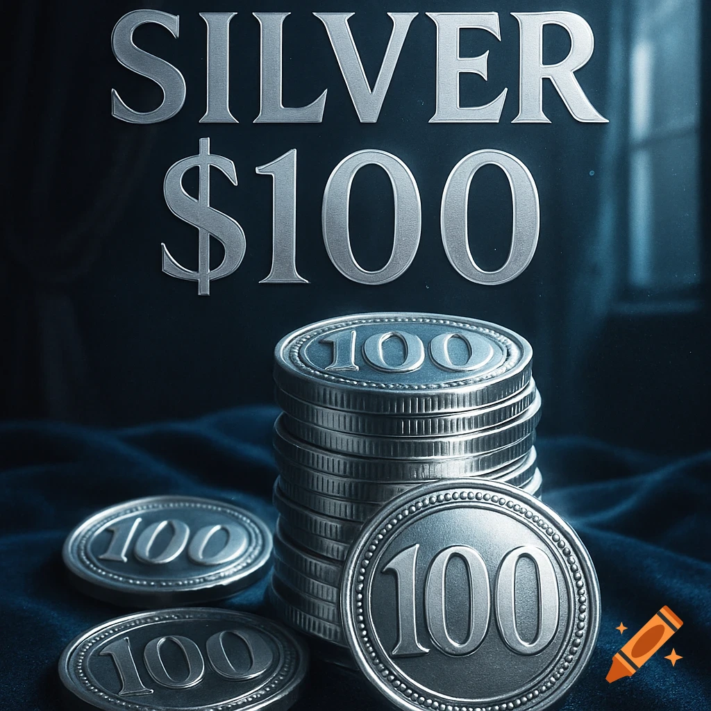Silver coins with '100' embossed, beneath large silver text 'SILVER $100' on a dark background.