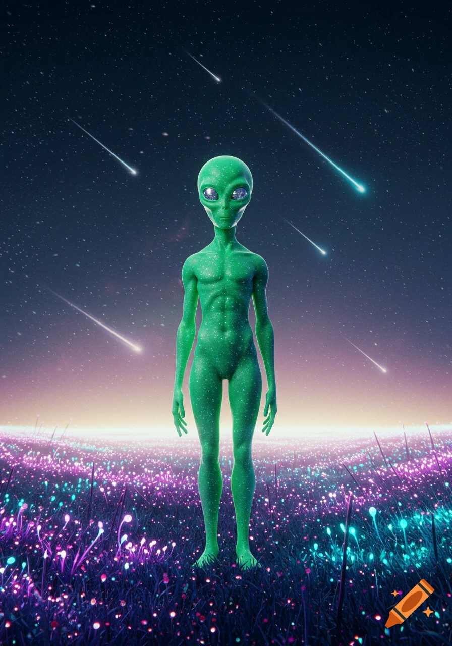 A green alien with four silver eyes stands in a field of glowing purple and blue plants under a starry night sky with meteor showers.