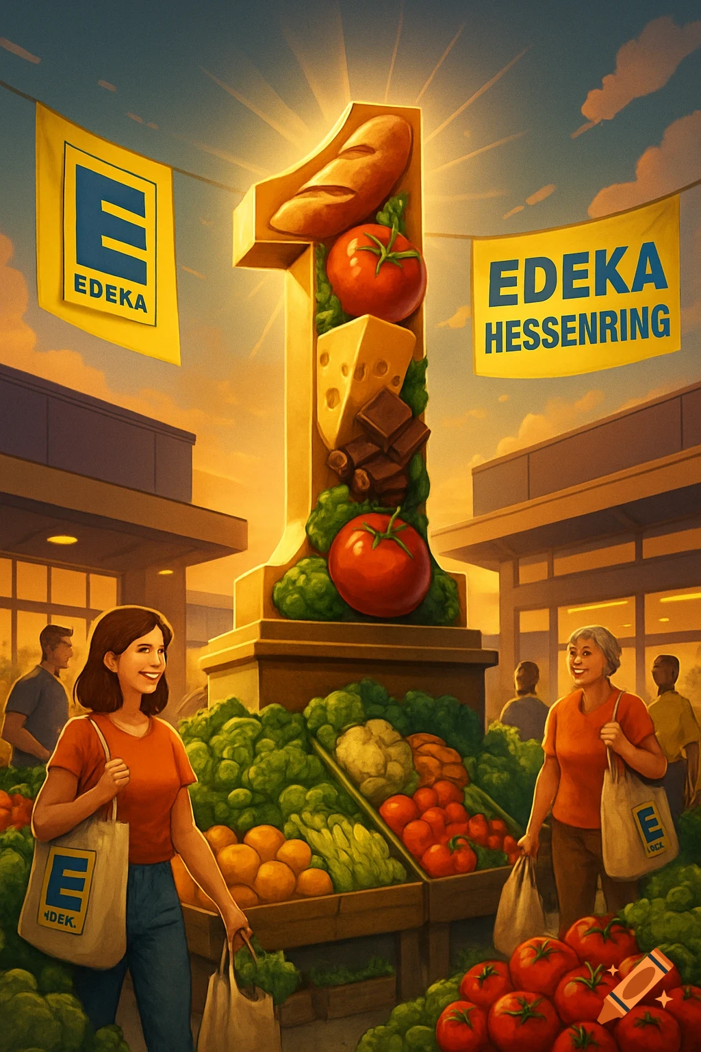 An illustrated scene of a bustling outdoor grocery market with a large number one monument topped with food. Shoppers carry bags near vibrant produce stalls under banners.