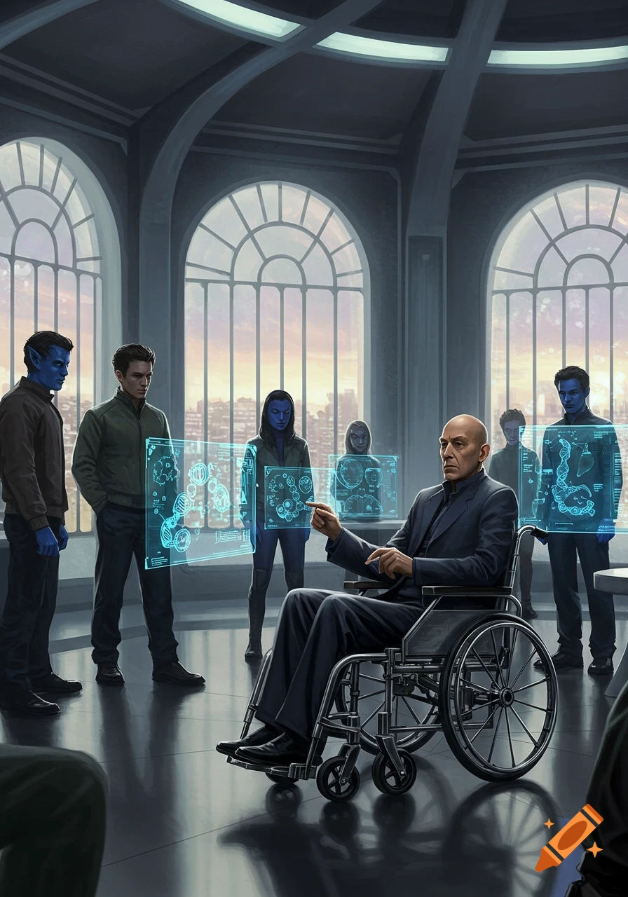 Professor X in a wheelchair teaches blue-skinned mutants and others in a futuristic room with holographic screens, comic art style.
