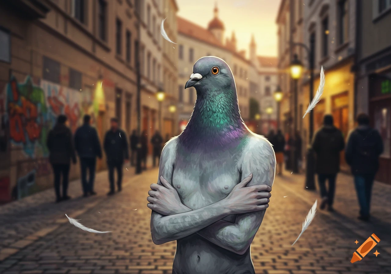 A bare-chested pigeon-headed human with crossed arms stands on a cobblestone city street at sunset, with blurred background figures.