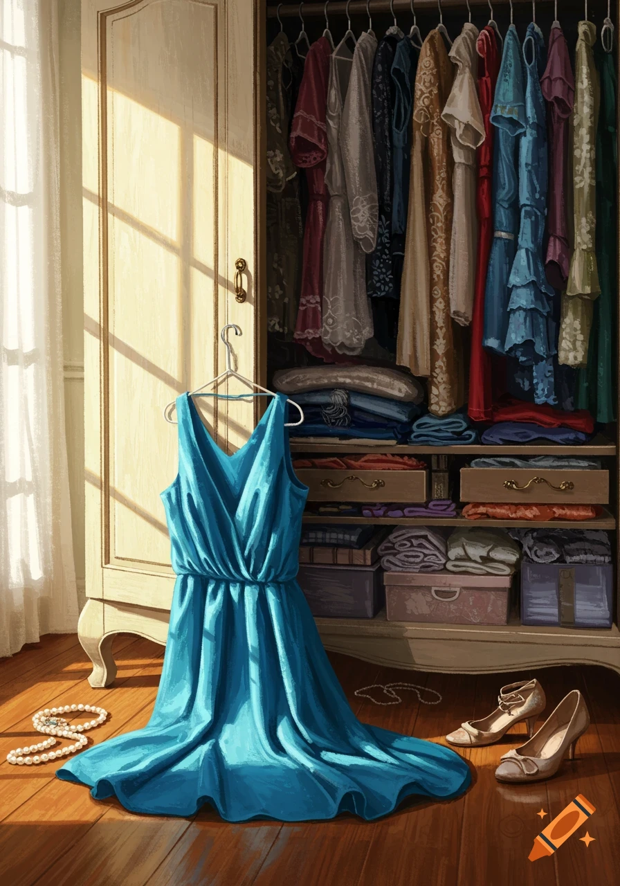 A bright blue dress on a hanger in front of an open wooden wardrobe filled with clothes; pearls and high heels lie on the wooden floor, bathed in sunlight.