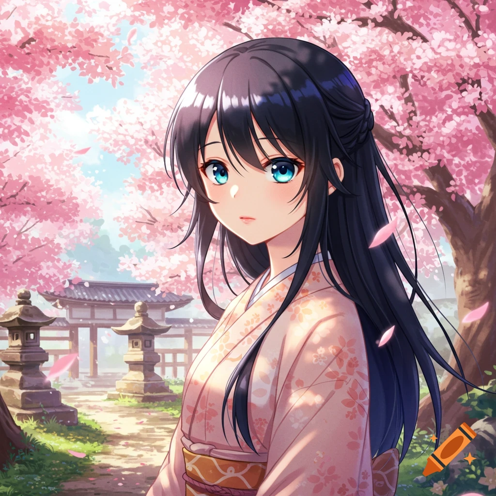 Anime girl with long black hair, blue eyes, and a pink kimono in a cherry blossom garden with traditional Japanese architecture.