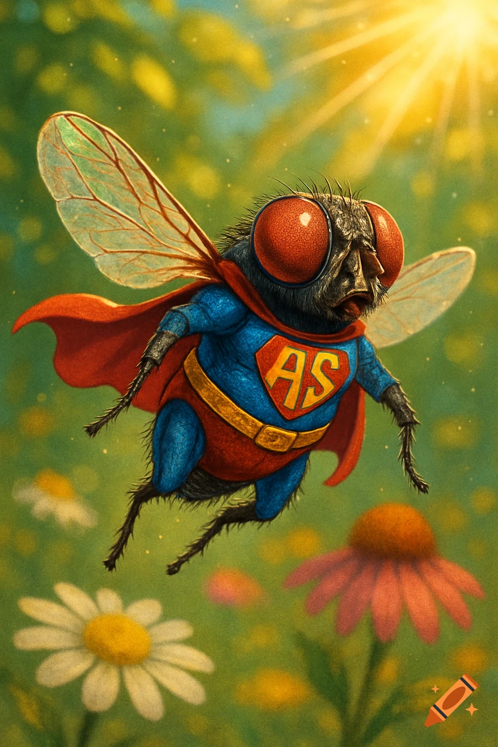 A detailed illustration of a superhero housefly with a red cape and blue suit, flying over a sunny field of flowers.