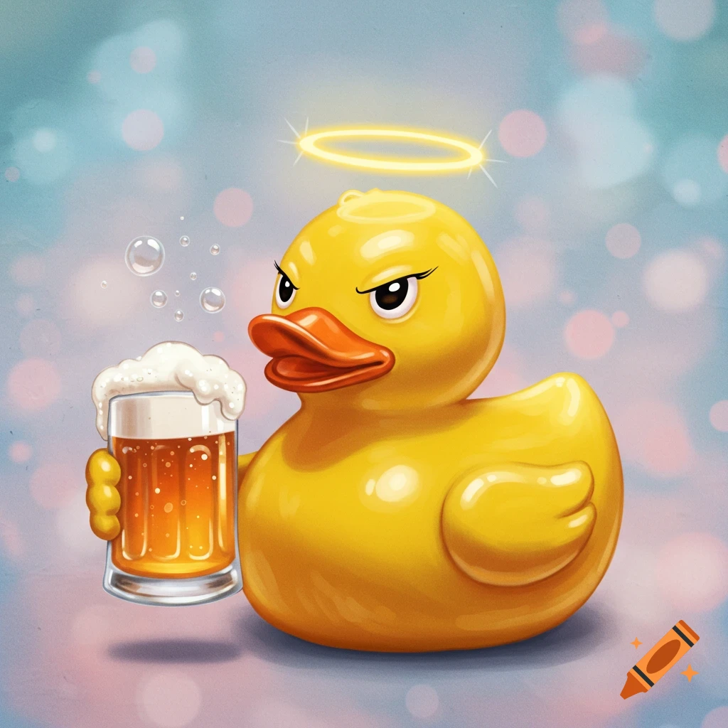Cartoon yellow rubber duck with an evil smirk, halo, holding a foamy beer glass, on a blurry blue background.