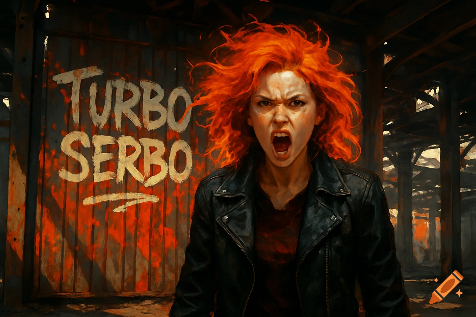 A woman with wild orange hair and a leather jacket screams in front of a wall with 'TURBO SERBO' written on it.