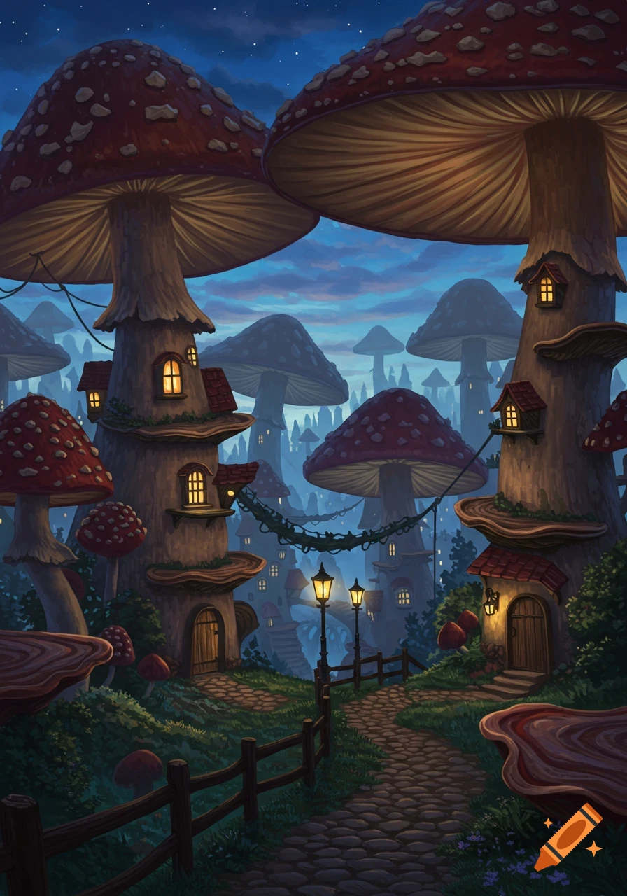 A charming fantasy mushroom village at night with illuminated windows along a cobblestone path.