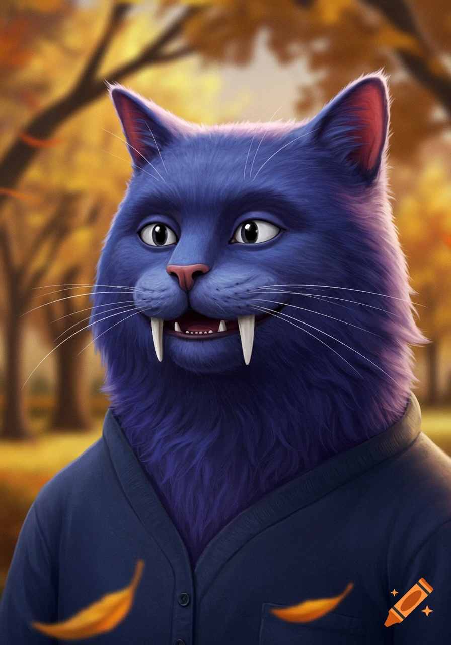 An anthropomorphic purple cat with large tusks, wearing a dark blue sweater, stands in an autumn forest.