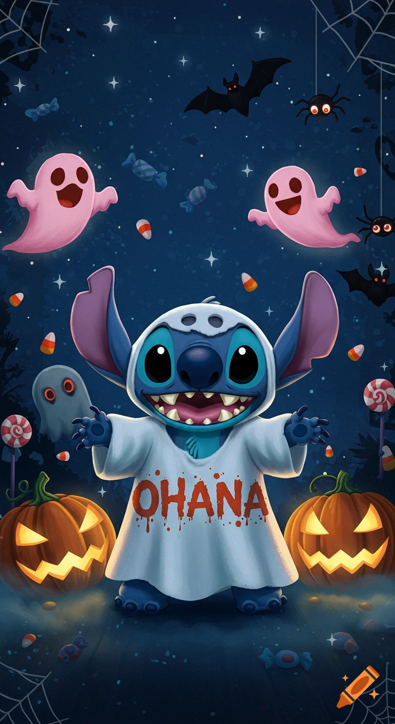 Stitch in a ghost costume with "Ohana" on it, surrounded by jack-o'-lanterns, ghosts, bats, and candy corn.