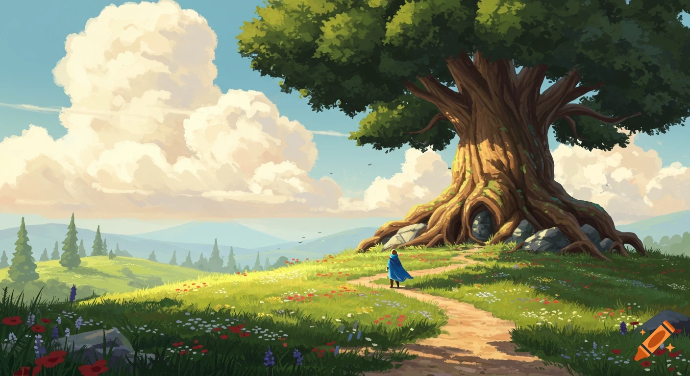 Painterly digital art of a blue-cloaked adventurer at a colossal ancient tree on a sunlit, wildflower-filled hill under a cloudy sky.