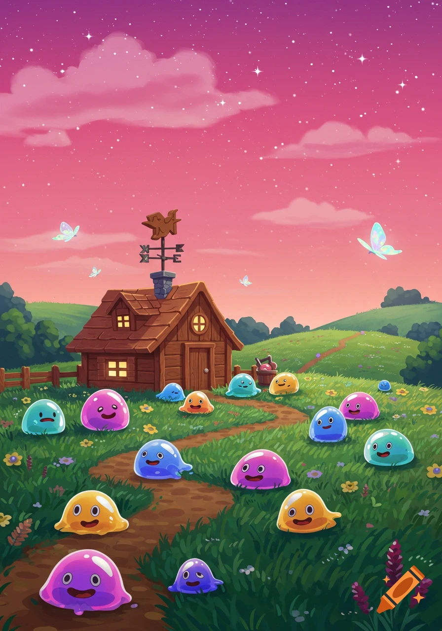 Vibrant cartoon illustration of many colorful slimes in a grassy field with a farmhouse under a pink and purple starry sky.