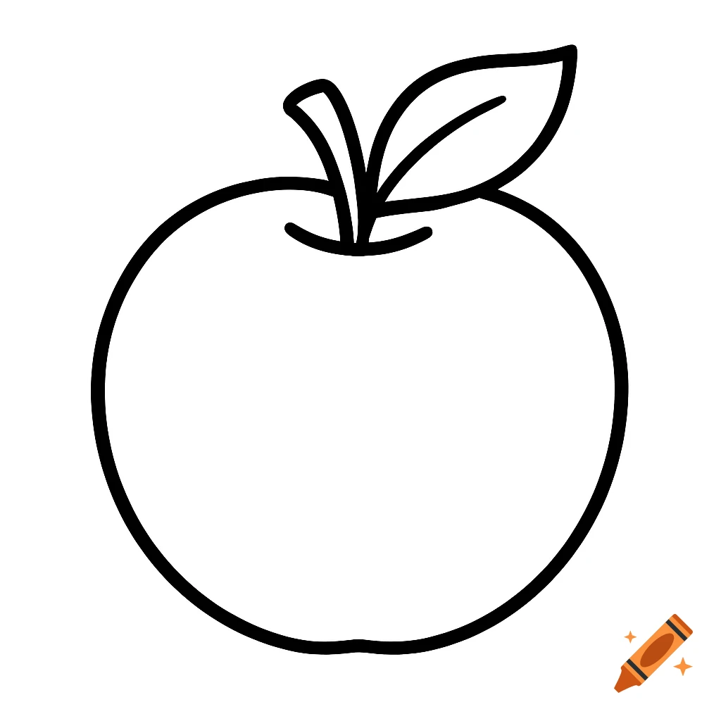 Simple black outline drawing of an apple with a stem and a single leaf on a white background.