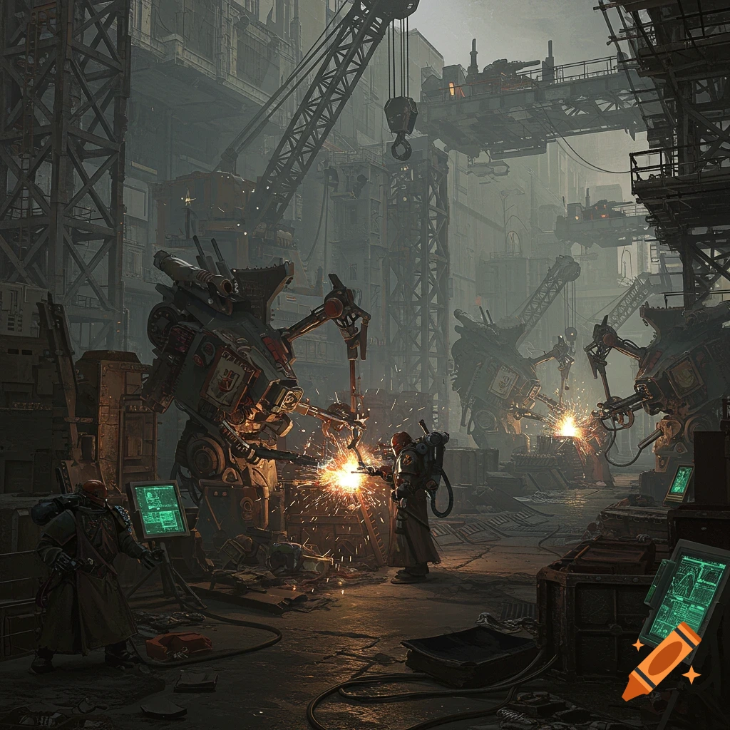 A dark, gritty Warhammer 40k-style construction site with giant mechs being welded by robed figures, surrounded by industrial structures.