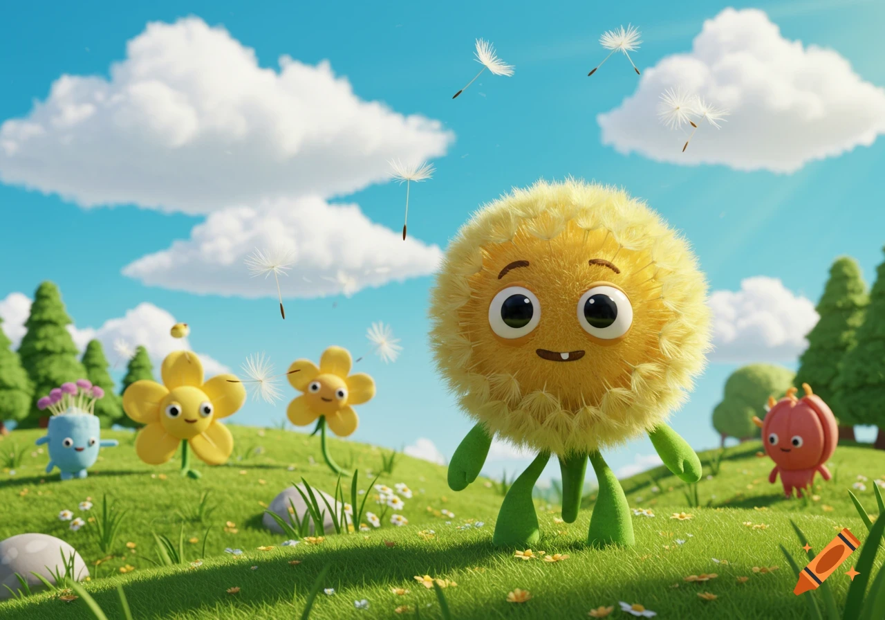 A fluffy yellow dandelion character with other cute flower creatures in a whimsical cartoon grassy field under a sunny blue sky.