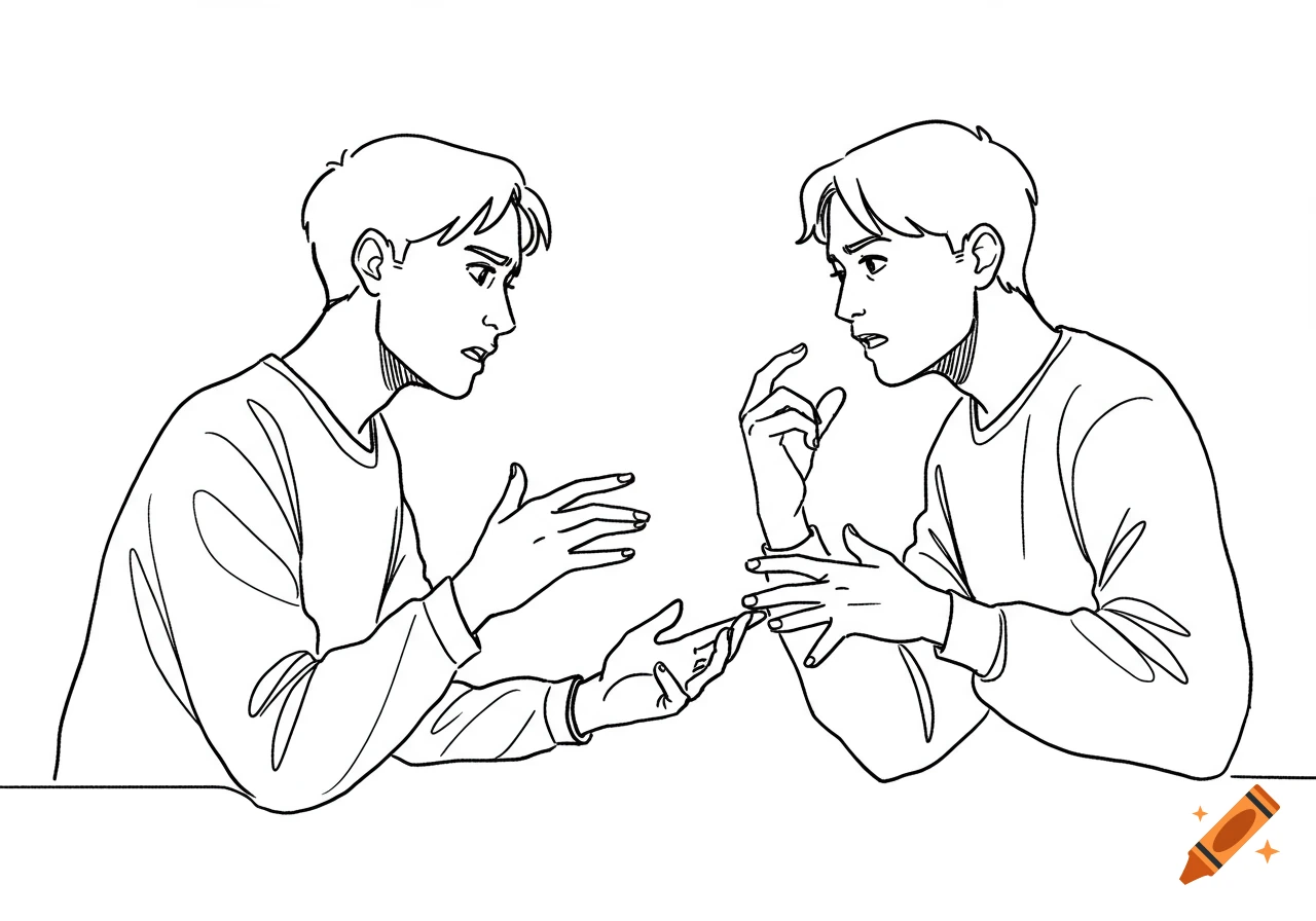 A simple black and white line art sketch showing two men gesturing and discussing a problem.