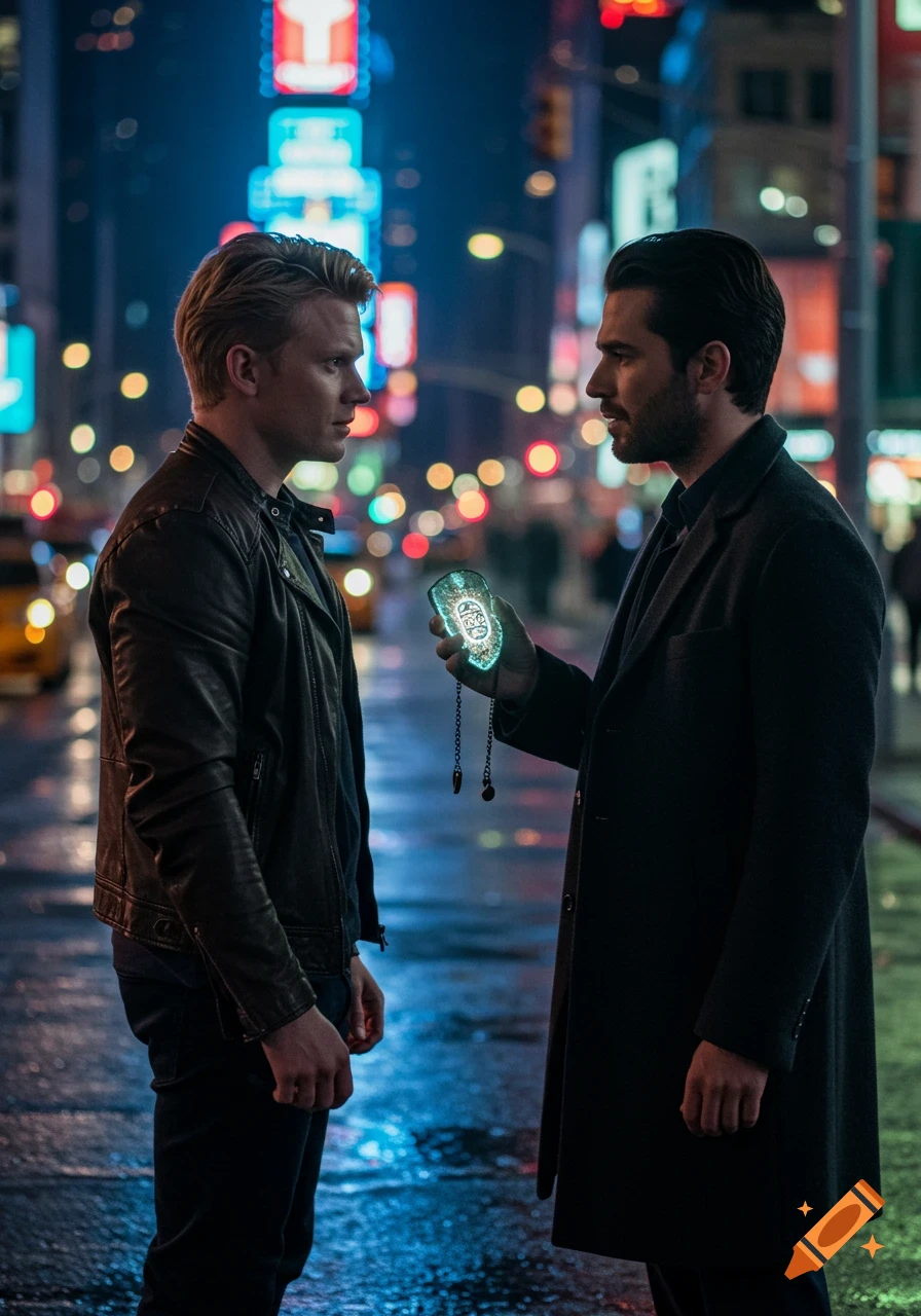 Two men on a wet New York City street at night, one holding a glowing magical amulet. Bright neon signs blur in the background.