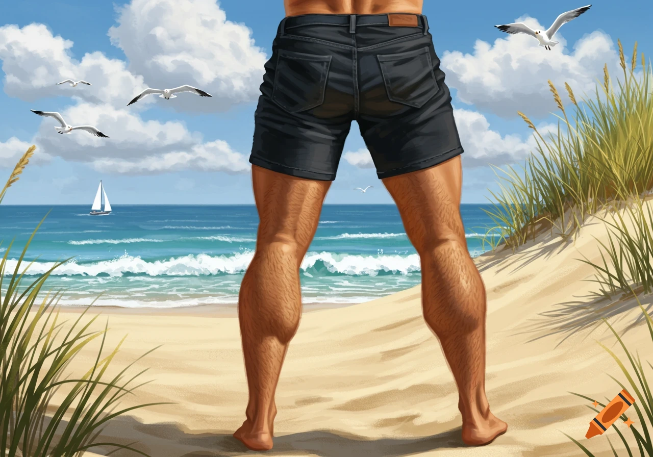 An illustration of a person in black shorts with hairy legs, standing on a sandy beach looking at the ocean with seagulls flying above.