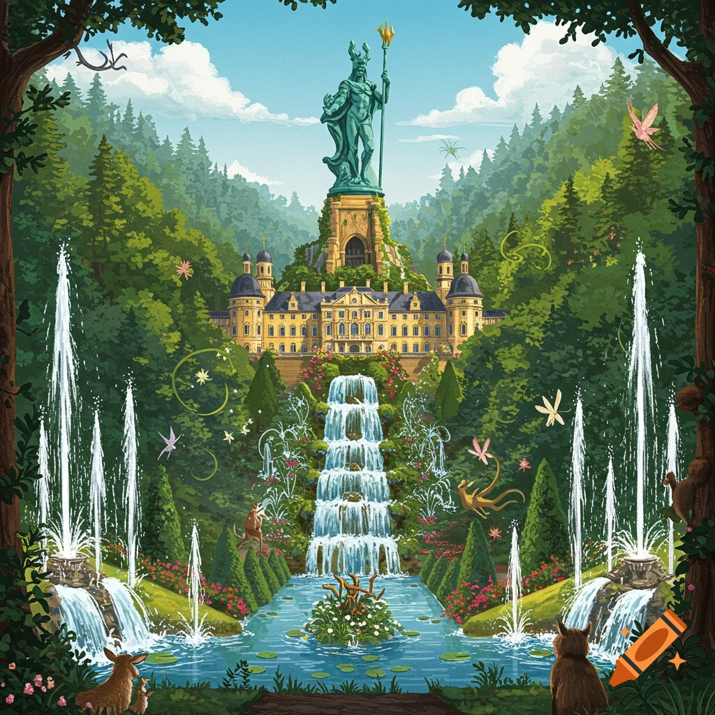Fantastical illustration of a grand castle topped by a Hercules statue, with elaborate cascading fountains in a lush green mountain landscape.