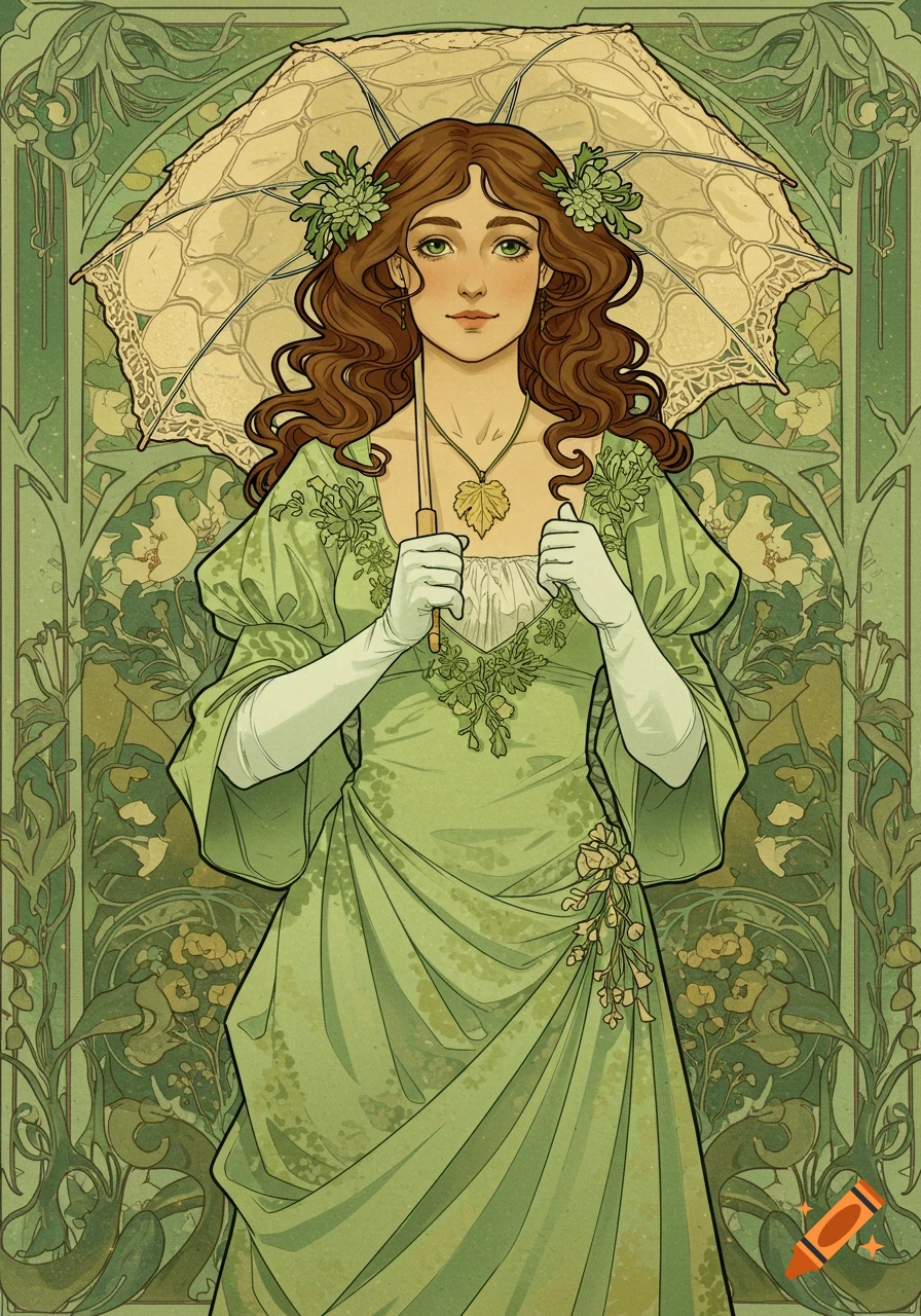 Art Nouveau portrait of a woman in a green gown and white gloves, holding a cream lace parasol, against a botanical background.