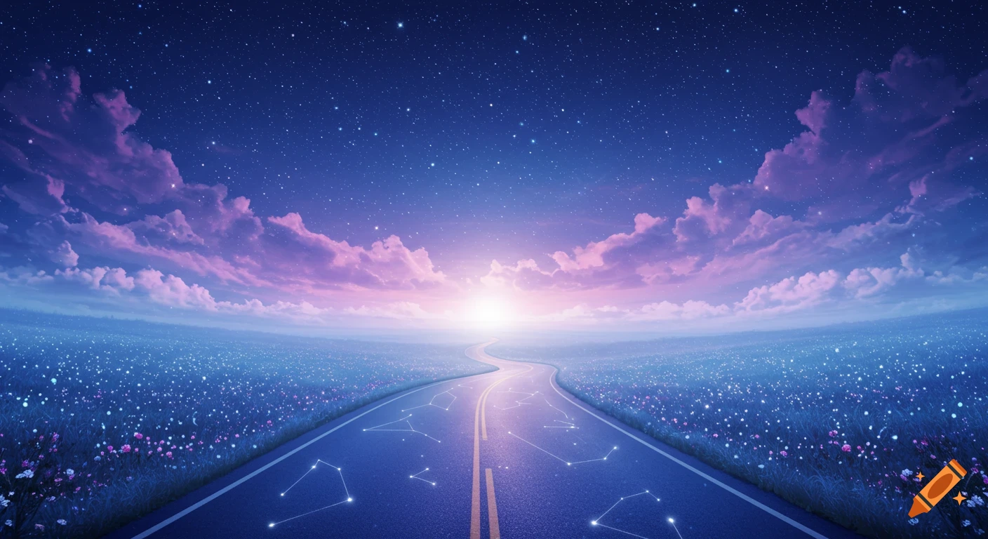 A winding road marked with glowing constellations under a starry night sky with purple clouds and a bright sunrise.