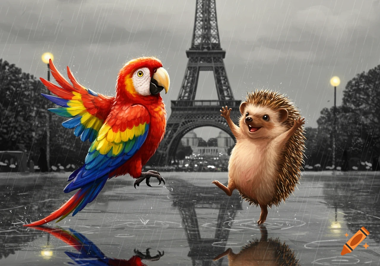 Vibrant illustration of a colorful parrot and a happy hedgehog dancing in the rain in front of a black and white Eiffel Tower.