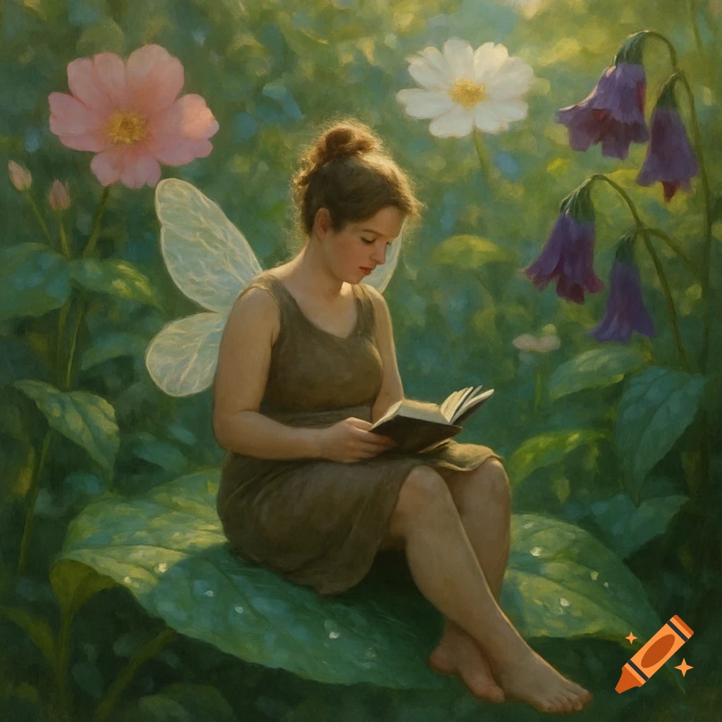 A painterly image of a fairy with brown hair, in a dress, sitting on a large green leaf, reading a book. Pink, white, and purple flowers are in the background.