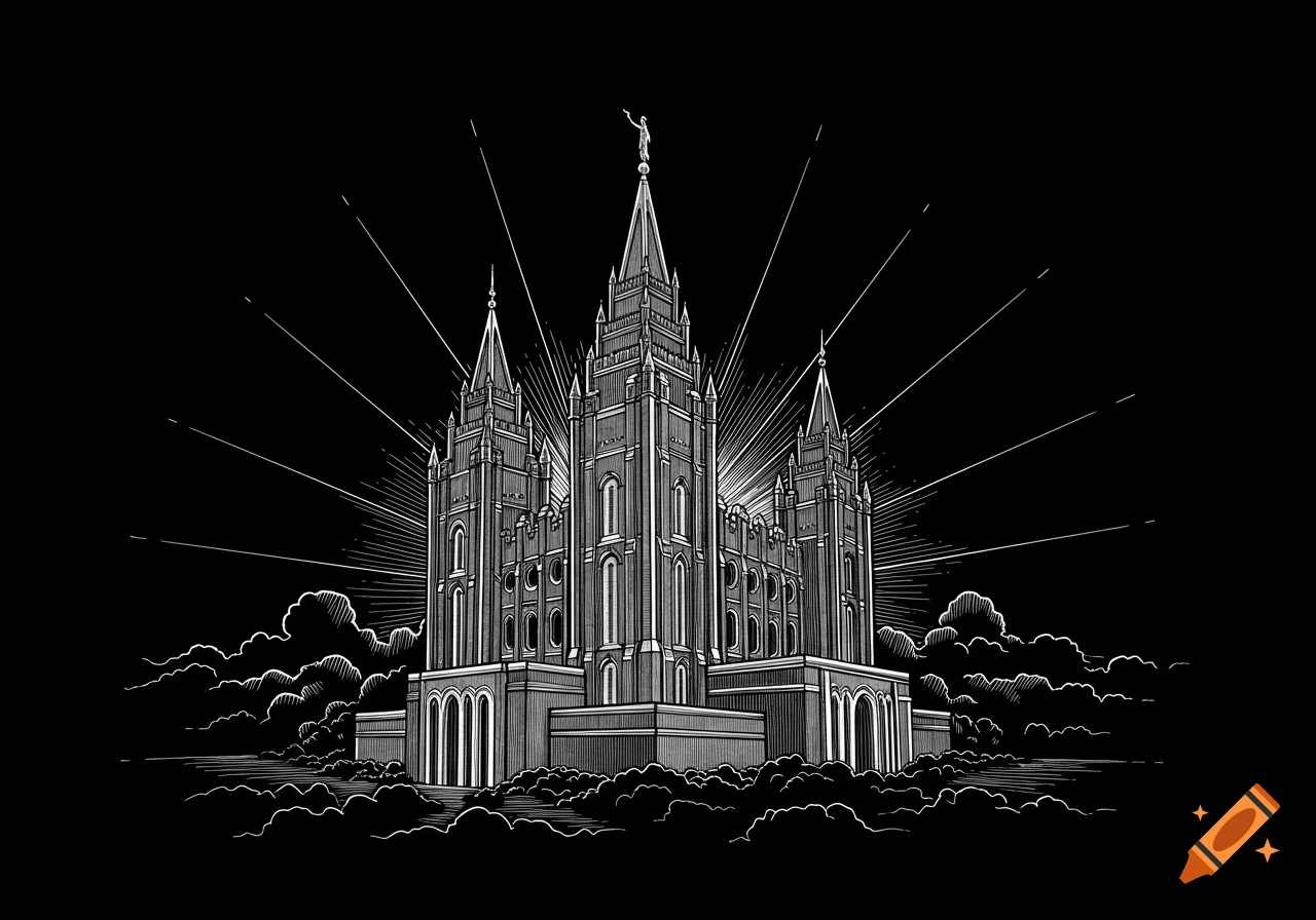 Black and white line art illustration of a grand temple with multiple spires, a statue on the main spire, surrounded by stylized clouds and rays of light.