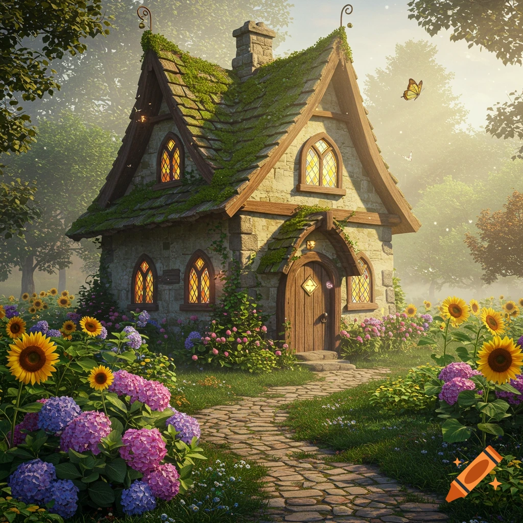 A whimsical stone cottage with a mossy roof and glowing windows sits in a vibrant garden of sunflowers and hydrangeas, with a stone path.