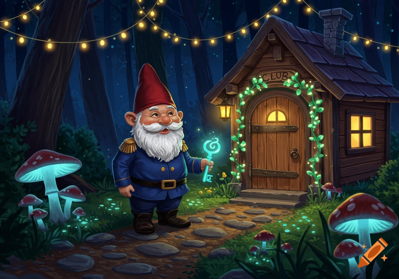 Whimsical illustration of a gnome in a blue uniform holding a glowing key in front of a club house in a magical forest.